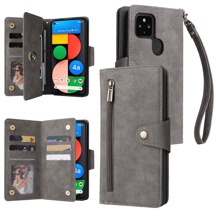Grey three-fold leather phone case with card slots and wrist strap, buckle closure