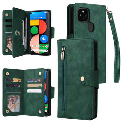Green leather phone case with 9 card slots, three-fold cover and wrist strap.