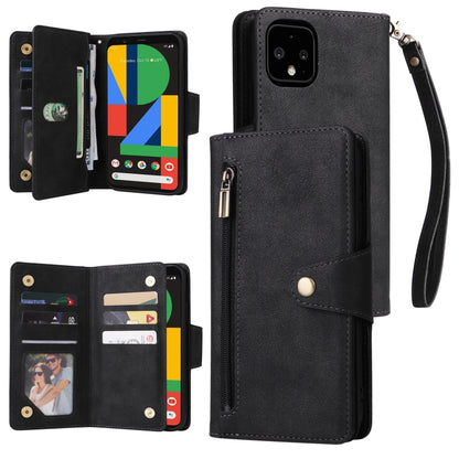 Black leather phone case with 9 card slots, three-fold cover and wrist strap.