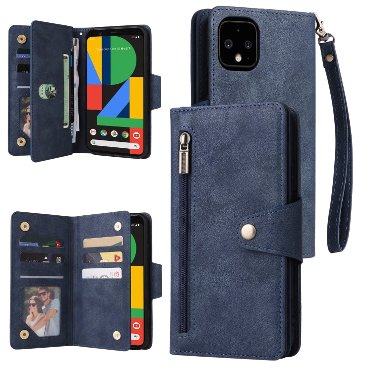 Blue leather phone case with 9 card slots, three-fold cover and wrist strap.