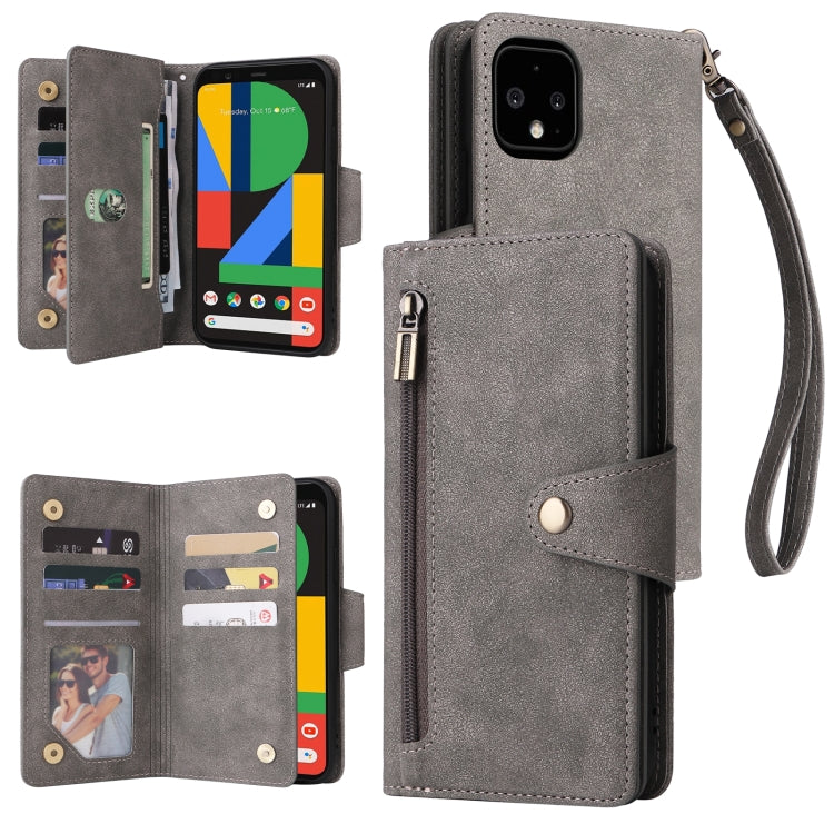 Grey leather phone case with 9 card slots, three-fold cover and wrist strap.