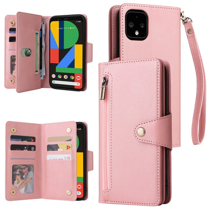 Rose pink leather phone case with 9 card slots, three-fold cover and wrist strap.