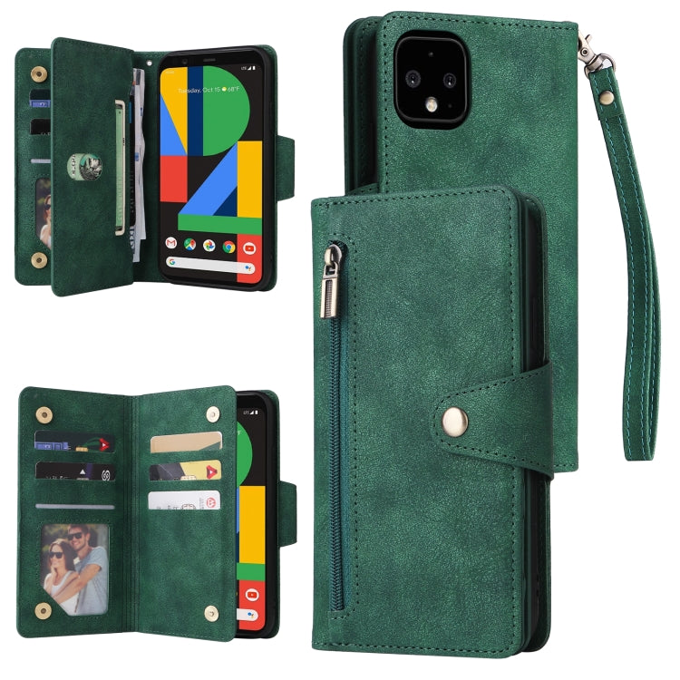 Green leather three-fold phone case with 9 card slots and wrist strap.