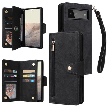 Black leather three-fold phone case with 9 card slots and wrist strap.