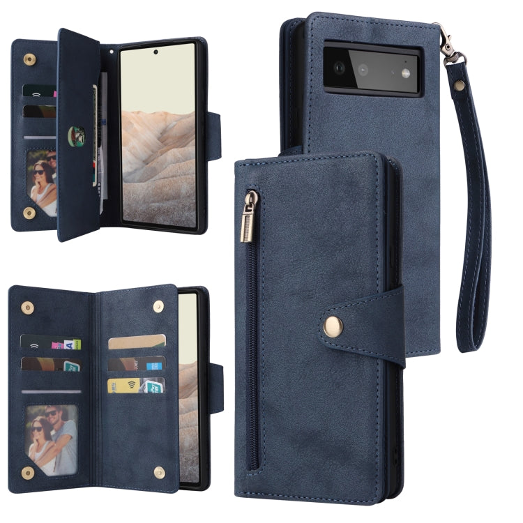 Blue leather three-fold phone case with 9 card slots and wrist strap.