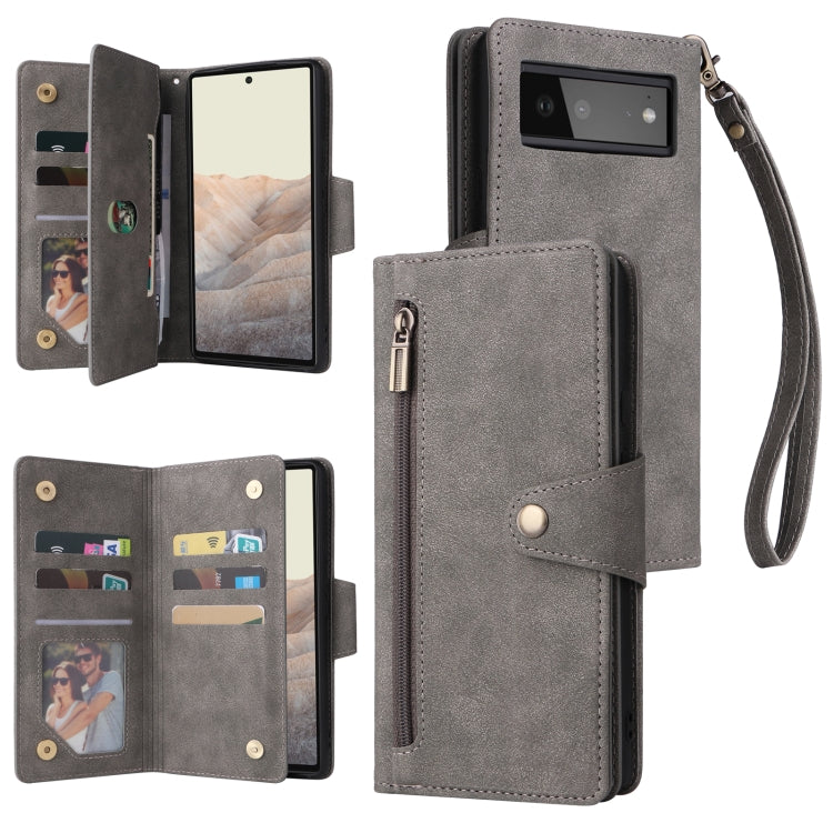Grey leather three-fold phone case with 9 card slots and wrist strap.