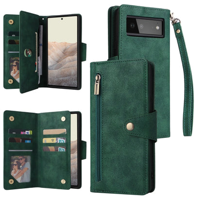 Green three-fold leather phone case with card slots, snap closure, and wrist lanyard.