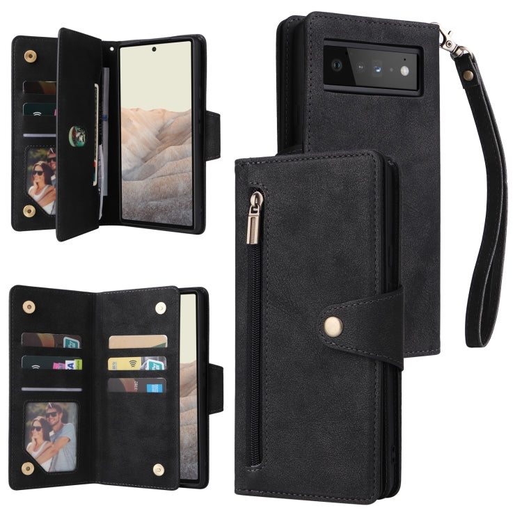 Black three-fold leather phone case with card slots, snap button closure, and wrist strap.