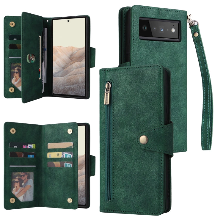 Green leather wallet phone case with card slots, wrist lanyard, and fold-open design.
