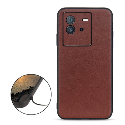 Brown genuine leather phone case with camera cutout and textured back finish