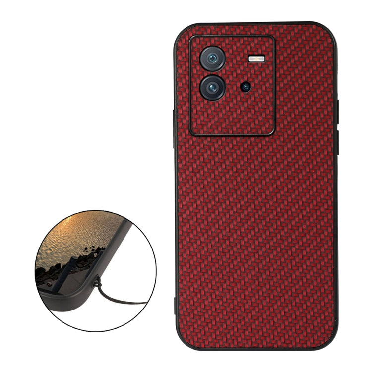 Red carbon-fiber textured PU phone case with raised camera cutouts and side buttons