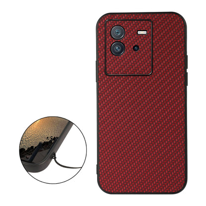 Red carbon-fiber textured PU phone case with raised camera cutouts and side buttons