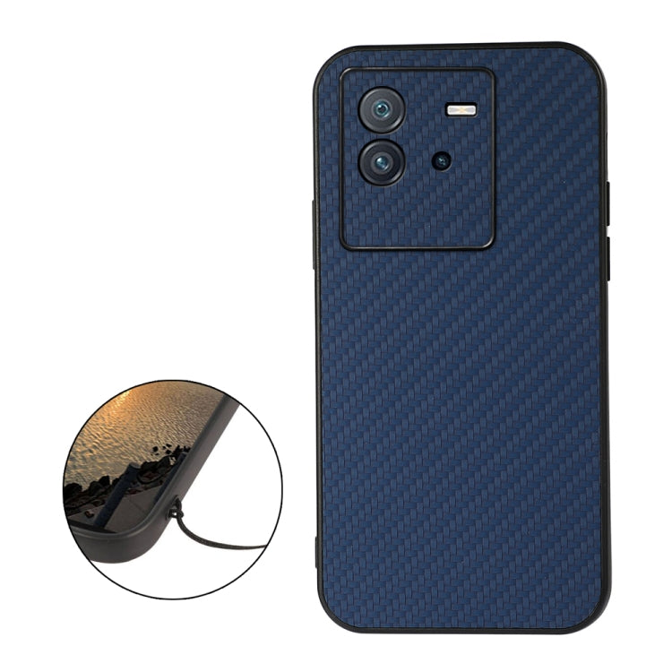 Blue carbon-fiber textured PU phone case with camera cutouts and accessible side buttons