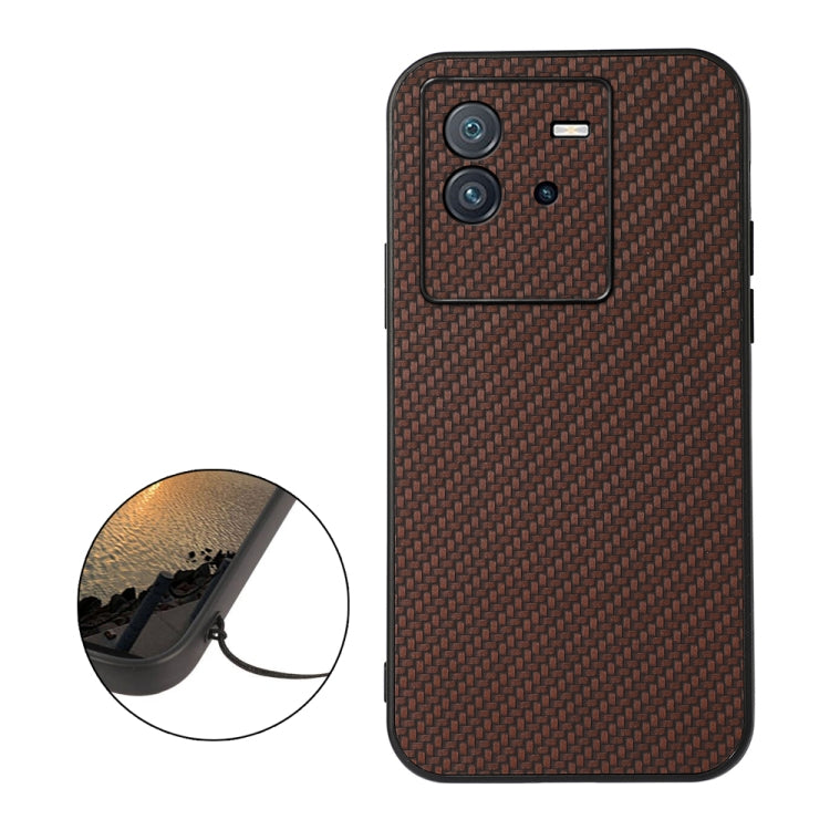 Brown carbon-fiber textured PU phone case with raised camera cutouts and side buttons