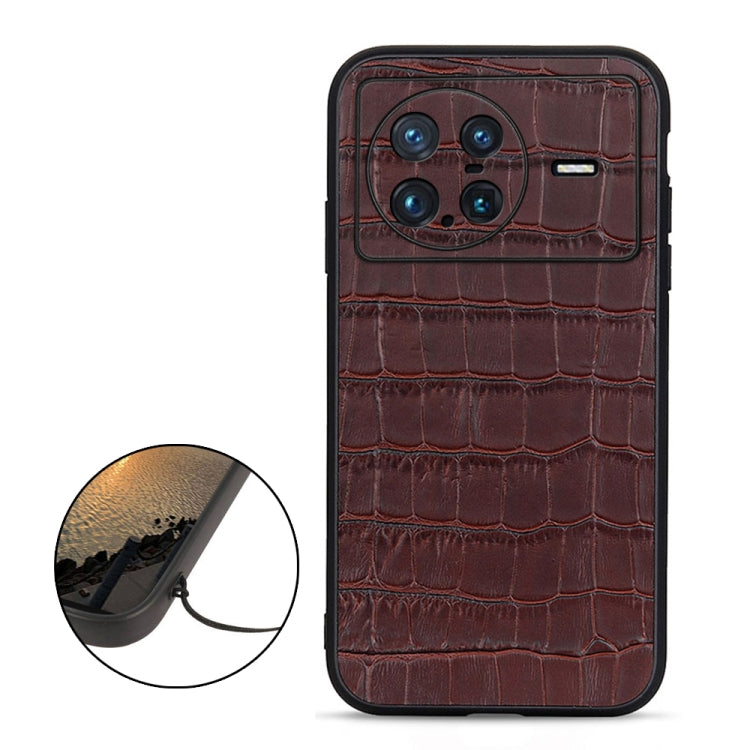 Brown crocodile-texture leather phone case with camera cutouts and protective rim