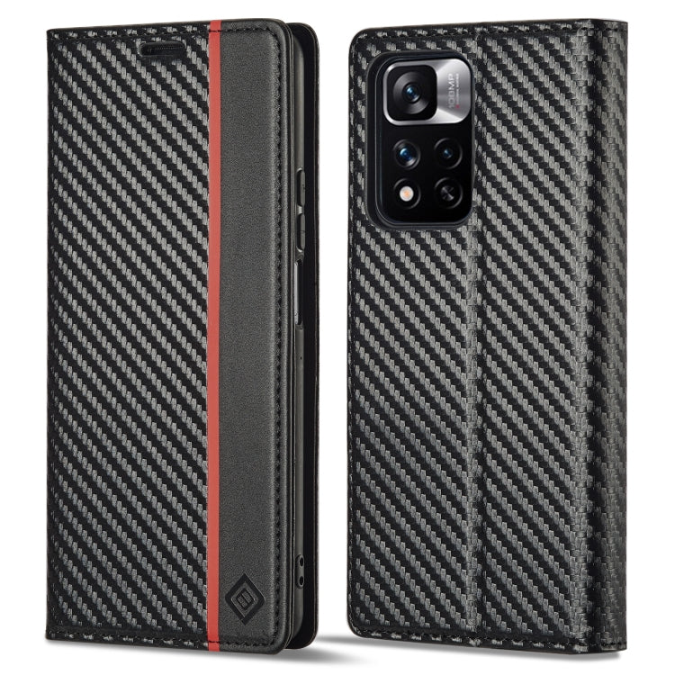 Flip phone case with carbon-fiber texture, dark leather trim, vertical red stripe.