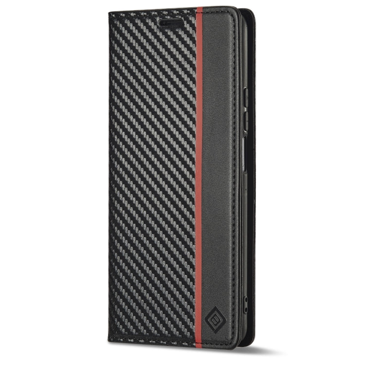Flip phone case with carbon-fiber texture, dark leather edge, and vertical red stripe.