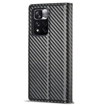 Flip phone case with carbon-fiber texture and black leather bottom panel.
