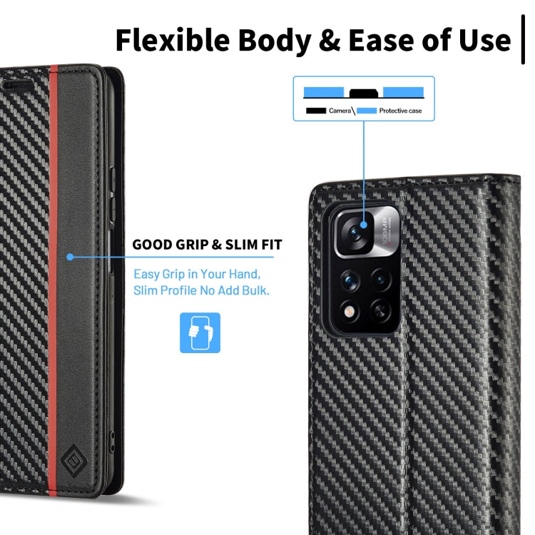 Flip phone case with carbon-fiber texture, dark leather frame, and red accent stripe.