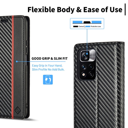 Flip phone case with carbon-fiber texture, dark leather frame, and red accent stripe.