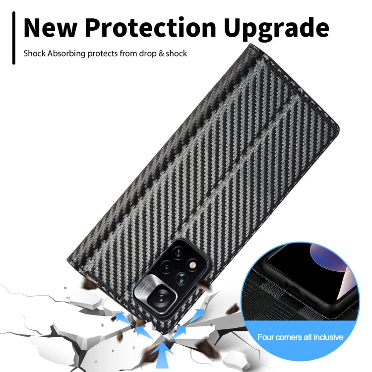 Flip phone case with carbon-fiber texture and black leather protective corners.