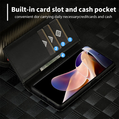 Flip phone case with card slot and cash pocket, carbon-fiber texture, dark leather.