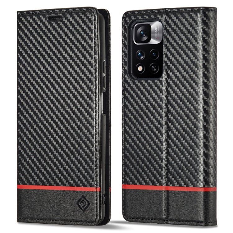 Flip phone case with carbon-fiber texture, dark leather trim, and horizontal red stripe.