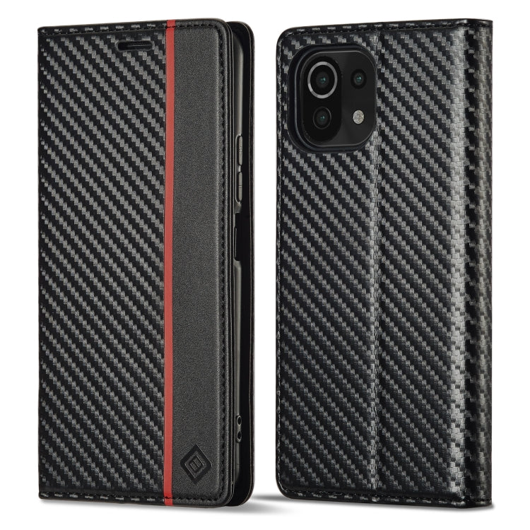 Flip phone case with carbon-fiber texture, dark leather trim, and vertical red stripe.