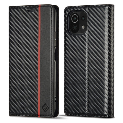 Flip phone case with carbon-fiber texture, dark leather trim, and vertical red stripe.