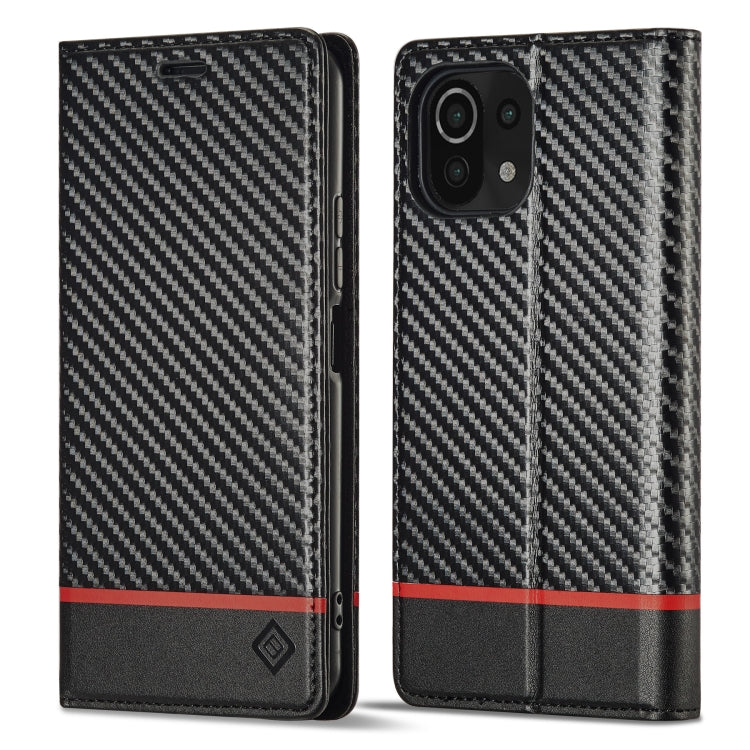 Flip phone case with carbon-fiber texture, dark leather trim, and horizontal red stripe.