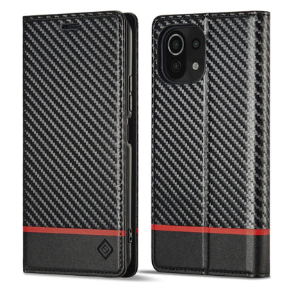Flip phone case with carbon-fiber texture, dark leather trim, and horizontal red stripe.