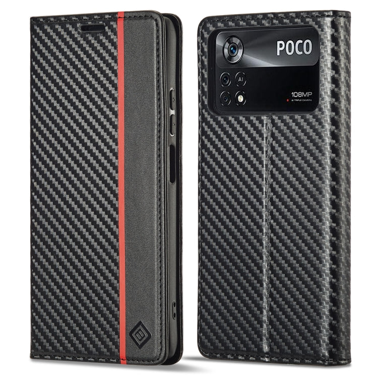 Black flip phone case with carbon fiber texture, faux leather edges, red accent stripe