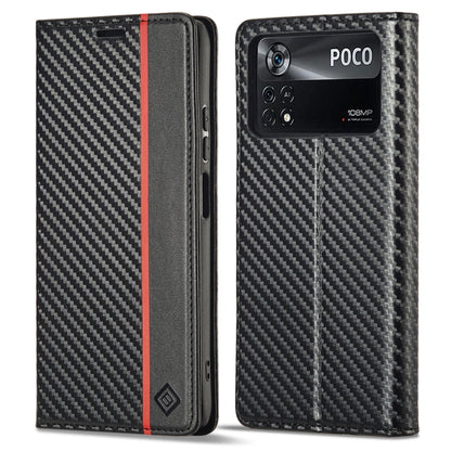 Black flip phone case with carbon fiber texture, faux leather edges, red accent stripe