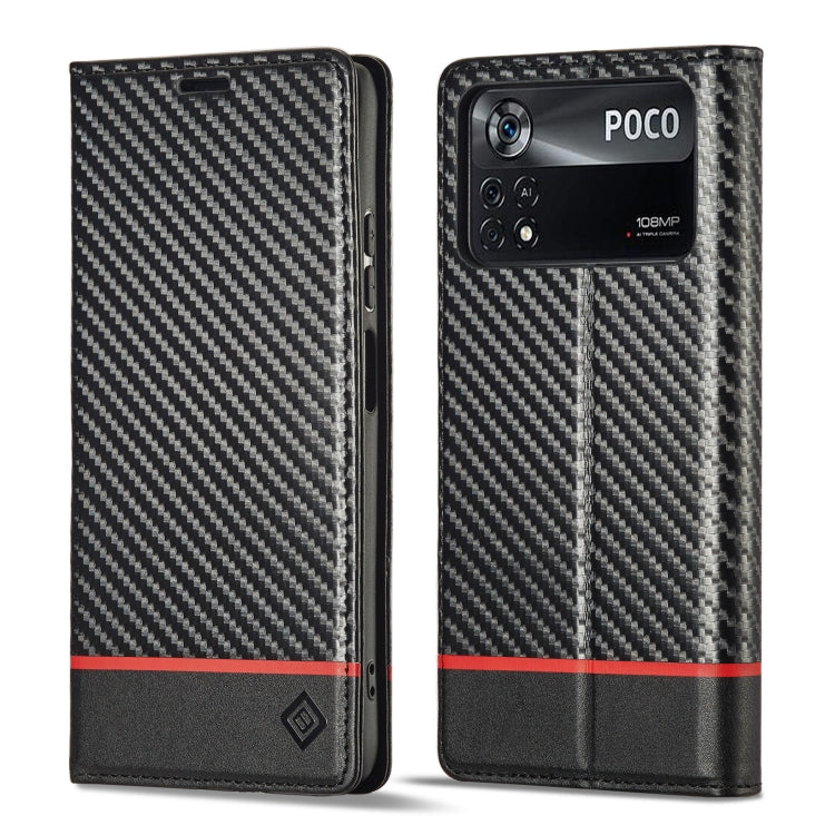 Black flip phone case with carbon fiber texture, faux leather trim, red horizontal stripe