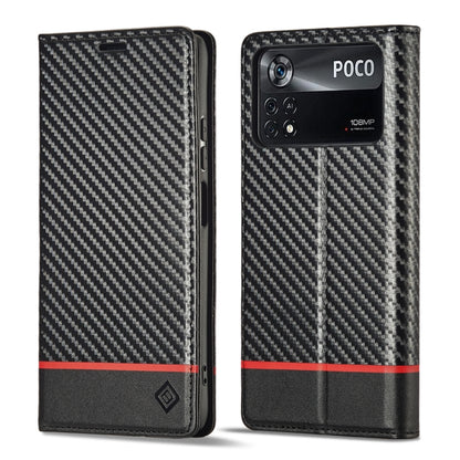 Black flip phone case with carbon fiber texture, faux leather trim, red horizontal stripe