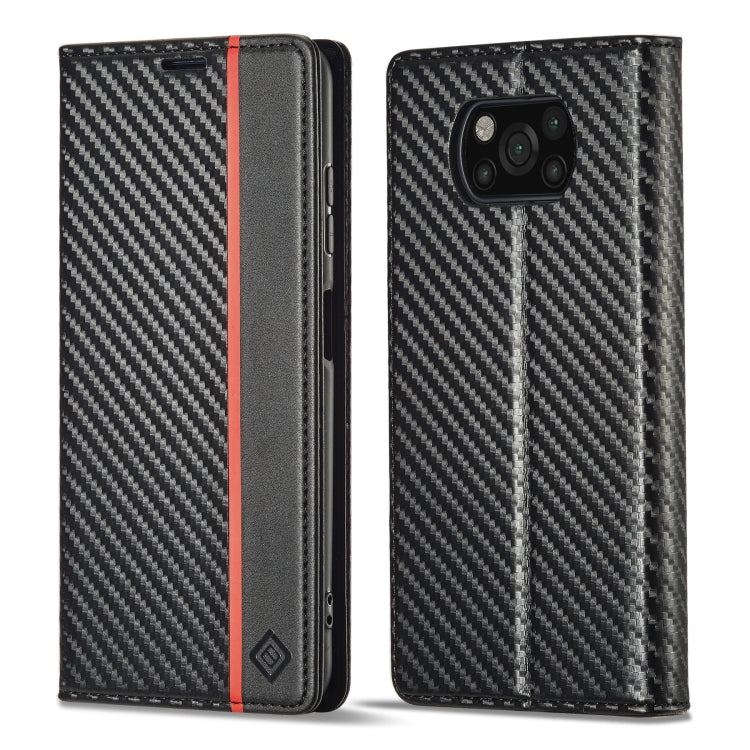 Black flip phone case with carbon fiber texture, faux leather sides, red vertical stripe