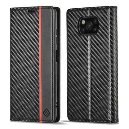 Black flip phone case with carbon fiber texture, faux leather sides, red vertical stripe