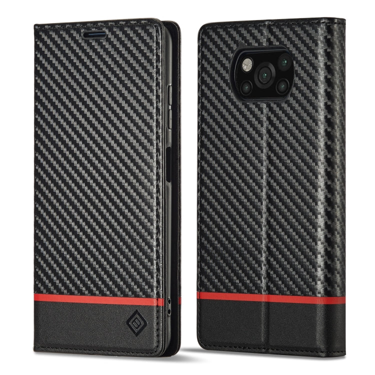Black flip phone case with carbon fiber texture, faux leather bottom, red horizontal stripe
