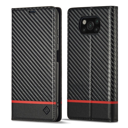 Black flip phone case with carbon fiber texture, faux leather bottom, red horizontal stripe