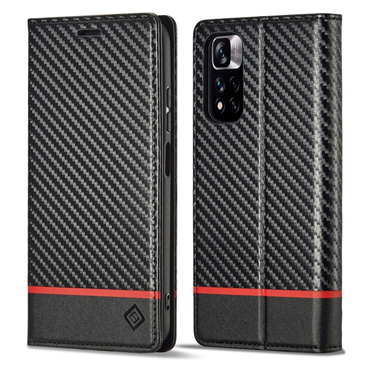 Black flip phone case with carbon fiber texture, red horizontal stripe, camera and button cutouts