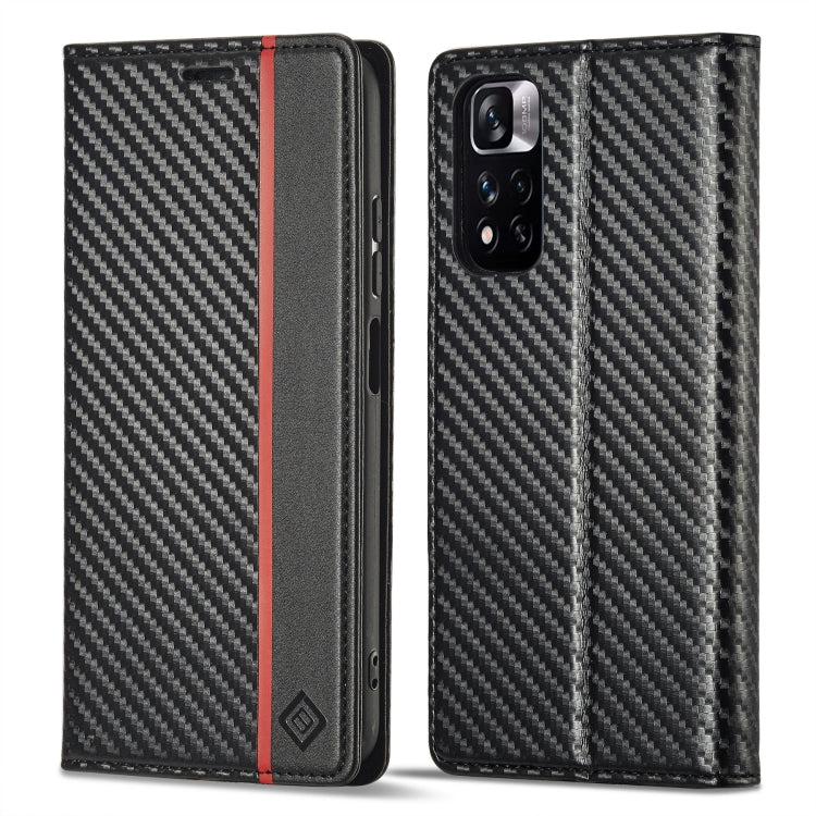 Black flip phone case with carbon fiber texture, red vertical stripe, side button cutouts