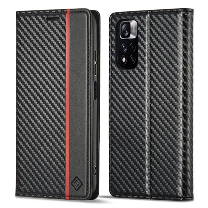 Black flip phone case with carbon fiber texture, red vertical stripe, side button cutouts
