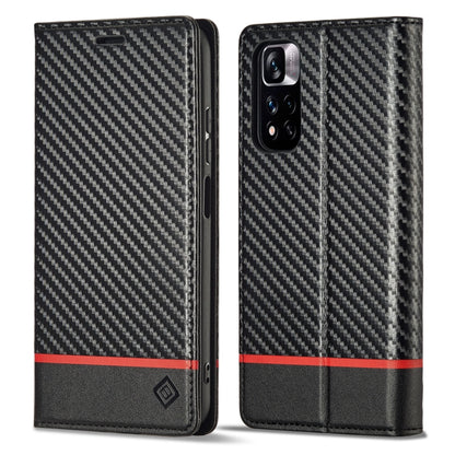 Black flip phone case with carbon fiber texture, red horizontal stripe, camera window view