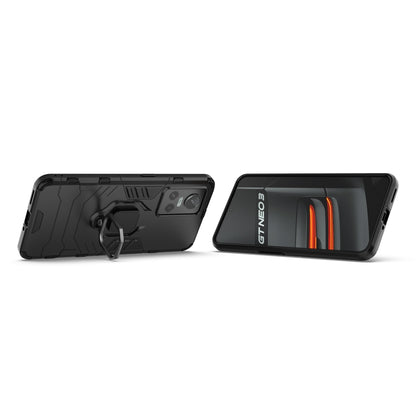Shockproof phone case, black rugged shell with TPU holder ring in side views.