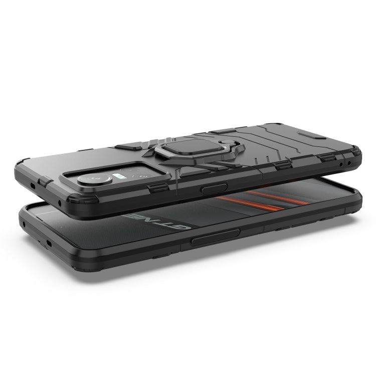 Shockproof phone case, black rugged design with raised edges and TPU holder ring.