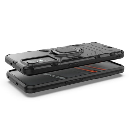 Shockproof phone case, black rugged design with raised edges and TPU holder ring.