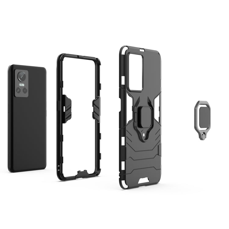 Shockproof phone case set, black rugged frame with TPU holder ring and back cover.