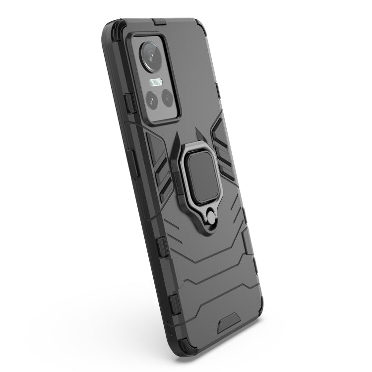 Shockproof phone case, black rugged back with TPU holder ring and camera cutouts.