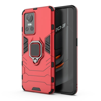 Shockproof phone case, red rugged shell with TPU holder ring and camera cutouts.