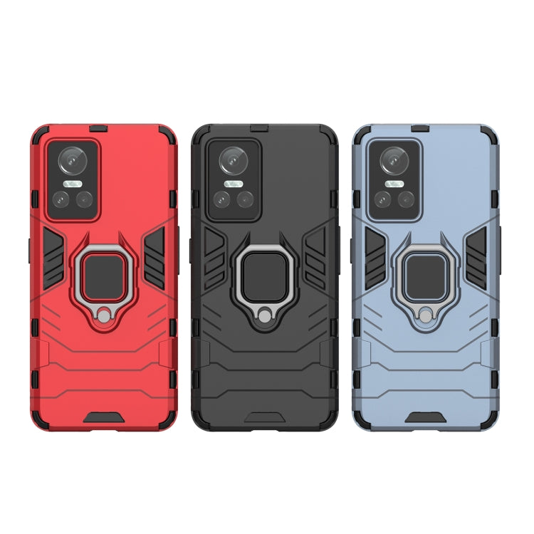 Shockproof phone cases set in red, black, and light blue with TPU holder rings.